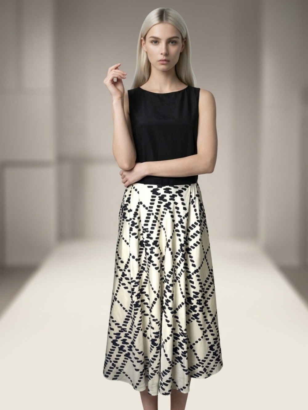 LILLY PULITZER Dress Silk Black Ivory White Sleeveless Fit Flare Midi Geometric